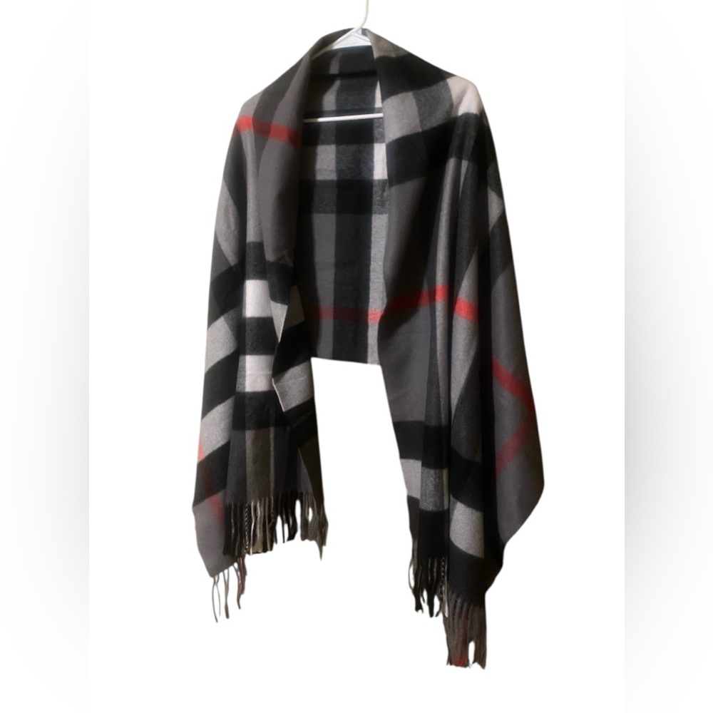Sky Cashmere 100% Virgin Wool Scarf 26”X78” Fringe Beige Black Red Plaid Luxury - Picture 14 of 15